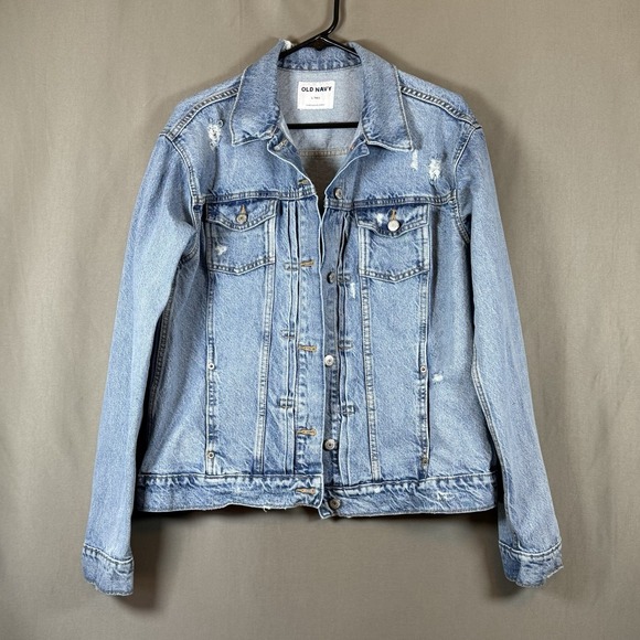 Old Navy Jean Jacket Women's Trucker Style Retro Blue Denim Distressed L Tall - Picture 5 of 13
